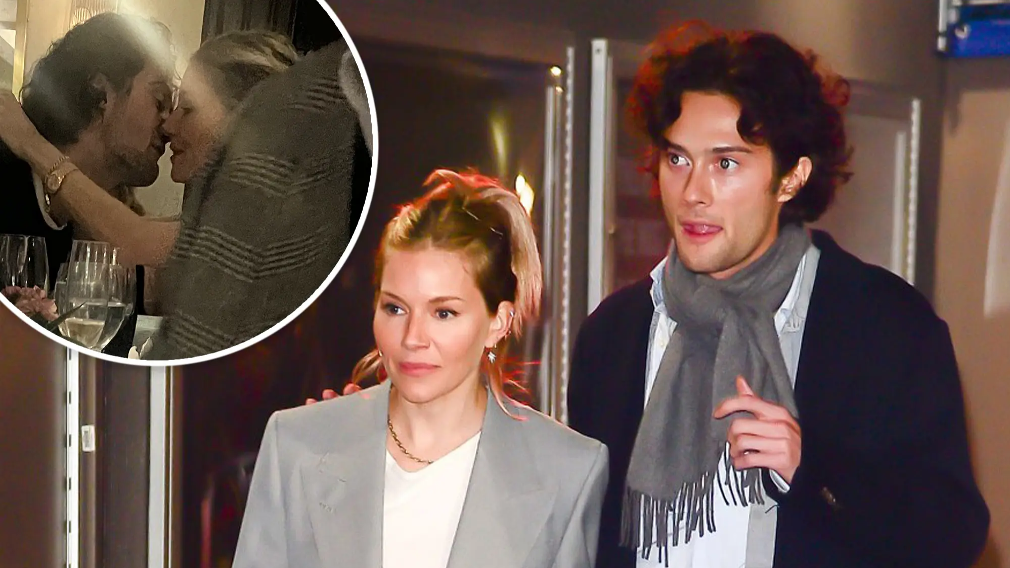 Tom Sturridge and Alexa Chung share a kiss while sitting next to his ex Sienna Miller